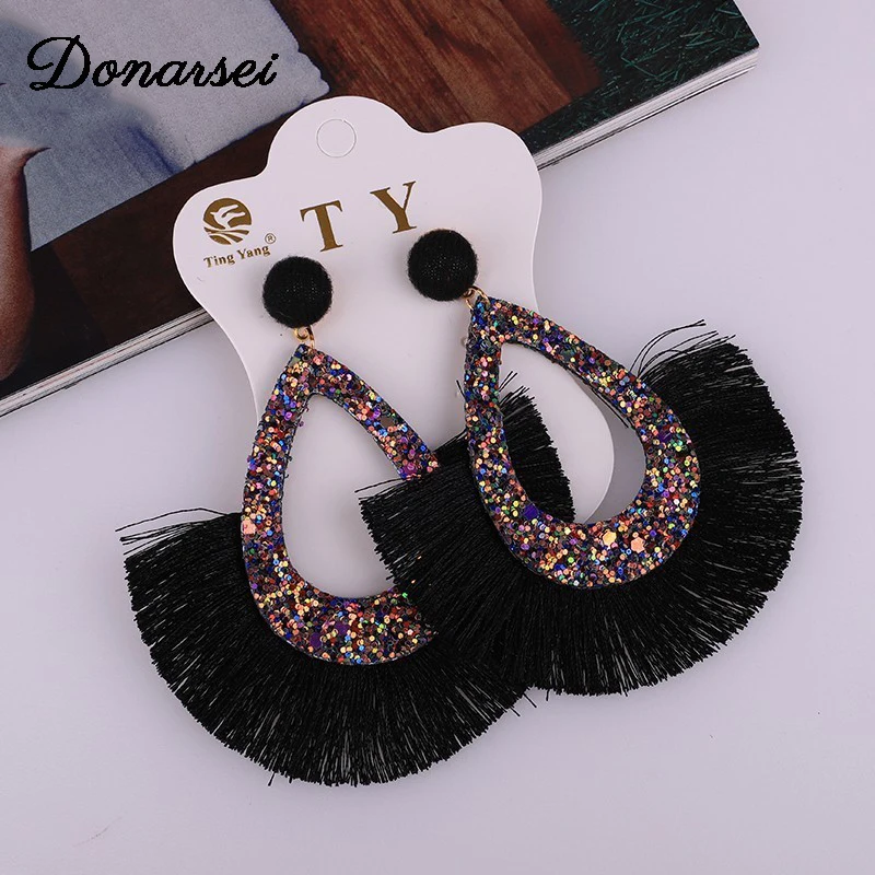 

Donarsei 2019 New Bohemian Sequins Tassel Earrings For Women Ethnic Yellow Hollow WaterDrop Fringe Dangle Earrings Jewelry Gift