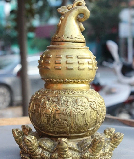 

8" Chinese Brass Wealth Fu Lu Shou 3 God On Turtle Gourd Statue Bottle Wine Pot