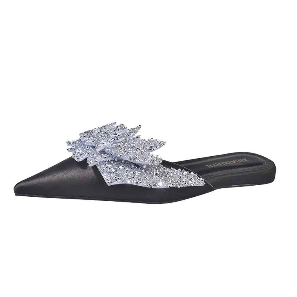 Г. новые высококачественные женские повседневные туфли на плоской подошве с Кристал острый носок модная Женская рабочая Уличная обувь Большие размеры, тапочки 15 - Цвет: Black
