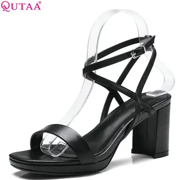 

QUTAA 2018 Women Sandals Cow Leather+pu Women Fashion Shoes Platform Buckle Platform Square Heel Women Sandals Size 34-39