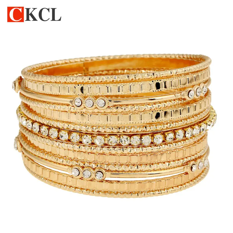 

2017 Fashion Statement Crystal mutilayer Retro Gold color Bangles For Women Charm vintage Wide Bracelet Bangles