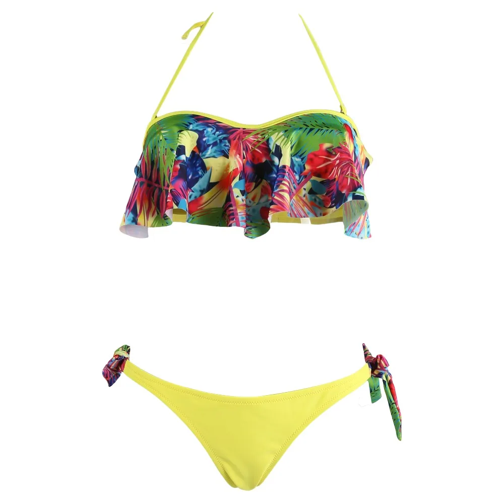 

2018 Ruffle Strapless Bikinis Set Sexy Printed Swimwear Brazilian Bandeau String Bikini Push Up Swimsuit Brazilian Biquini