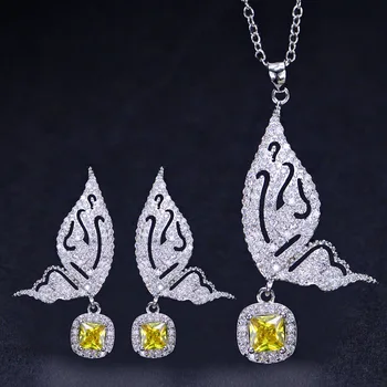 

Butterfly Pendant Necklace Stud Earrings Jewelry Set For Women Full Micro zircon Fashion Shiny Jewelry Gift Silver Color Plated