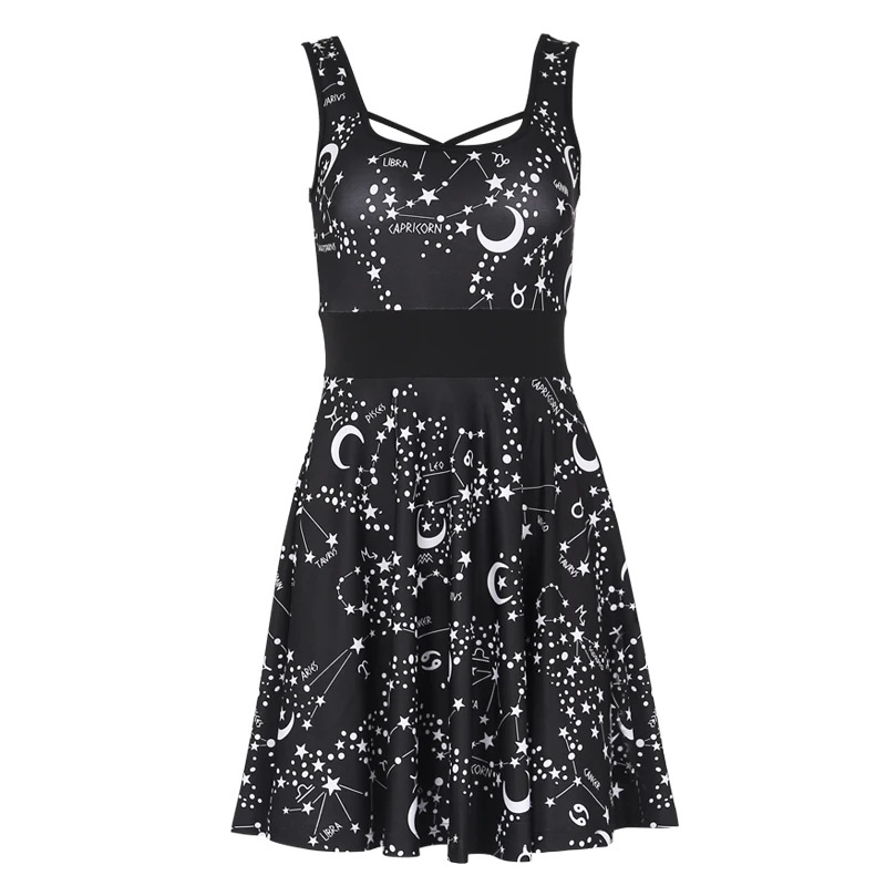 InstaHot Готическое платье с бретельками с космической печатью без рукавов с квадратным вырезом плиссированное мини-платье с высокой талией летняя одежда
