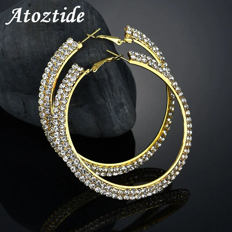 

Atoztide 30-70mm Fashion Double Rows Crystal Hoop Earrings For Women Gold Silver Color Basketball Wives Circle Earrings Party