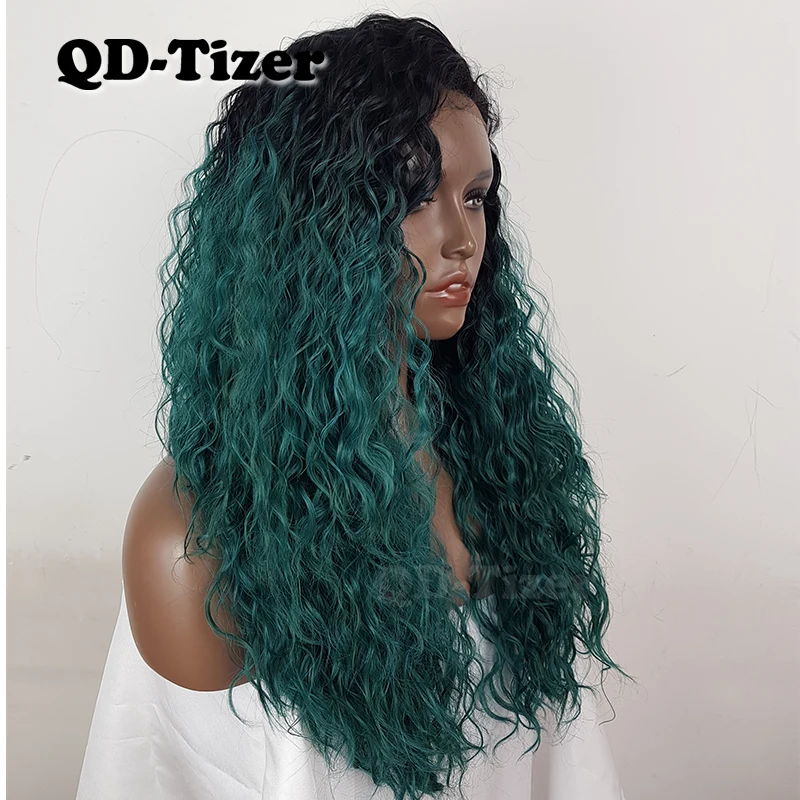 QD-Tizer синтетические парики на шнурках спереди Bouncy курчавый Темный корни Омбре длинные волосы Омбре зеленый парик с Детские волосы термостойкие