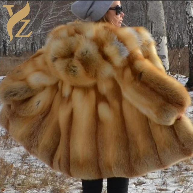 Wholeskin Red Fox Fur Coat For Women Winter Outerwear Overcoats Thick Warm Fox Furs Real Fur