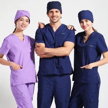 

Medic Nurse Uniform Women Men Scrubs Medical Clothes Poplin Fabric Summer V Neck Short Sleeve Hospital Dental Clinic Workwear