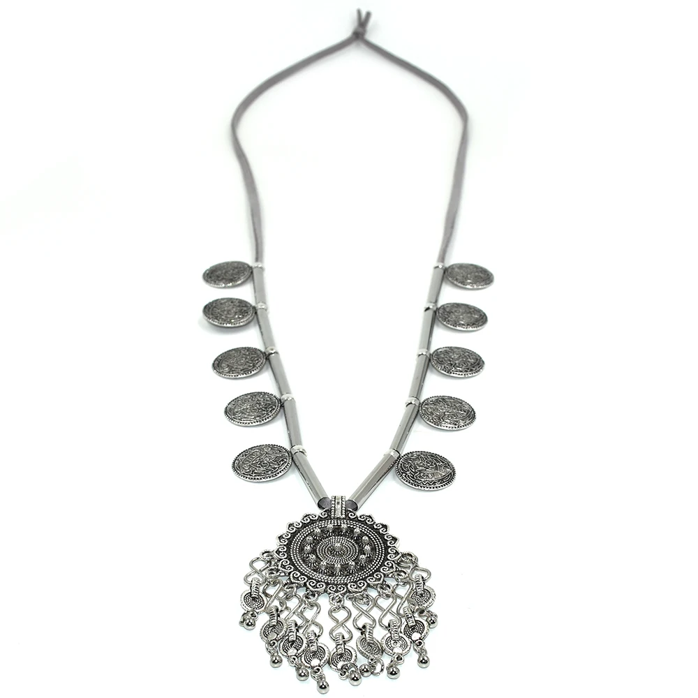 2017 new Heavy metal Statement Gypsy Ethnic Vintage Antique Silver beads tassel pendants long Maxi Necklace Chains Necklace
