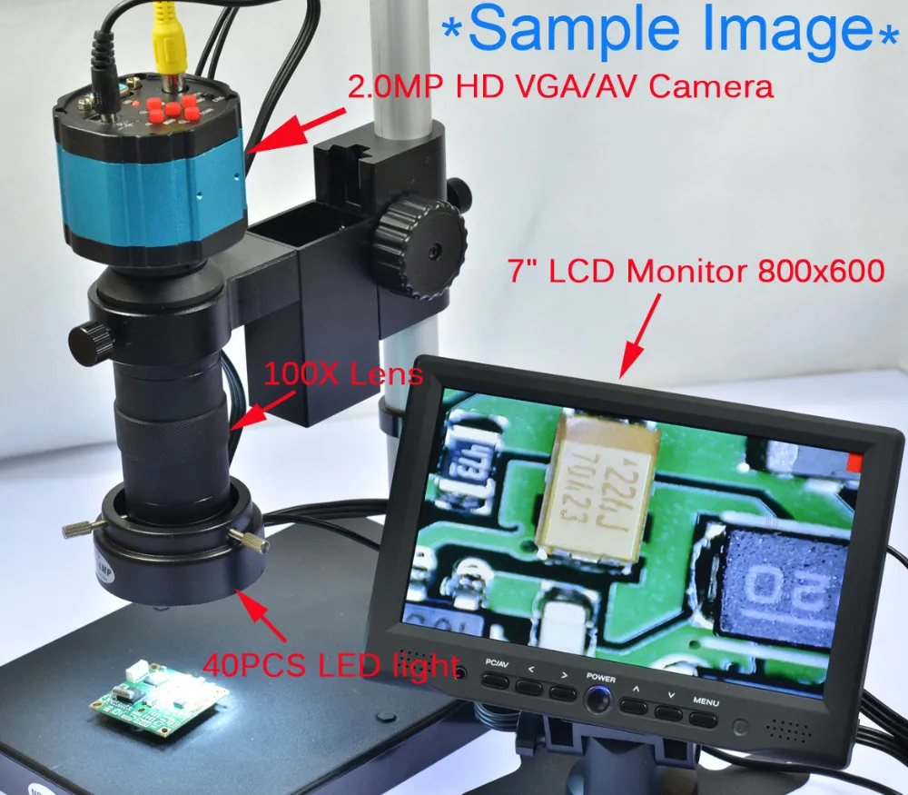 2.0MP HD 2в1 промышленный цифровой микроскоп с камерой+ " ЖК-монитор+ подставка держатель+ c-крепление объектива+ 40 СВЕТОДИОДНЫЙ Кольцо справа