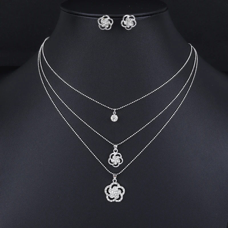

Hot Sale Multilayer Chain Necklace Earrings Jewelry Set Rose Flower Silver Color Cz Crystal Pendant Wedding Party Gift