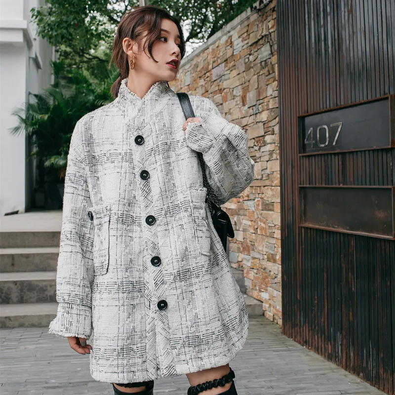 Cheerart Winter Long Wool Coat Women Vintage Plaid Wool Blend Coat White Stand Collar Woolen Outerwear Coat Wool Cape Cloak