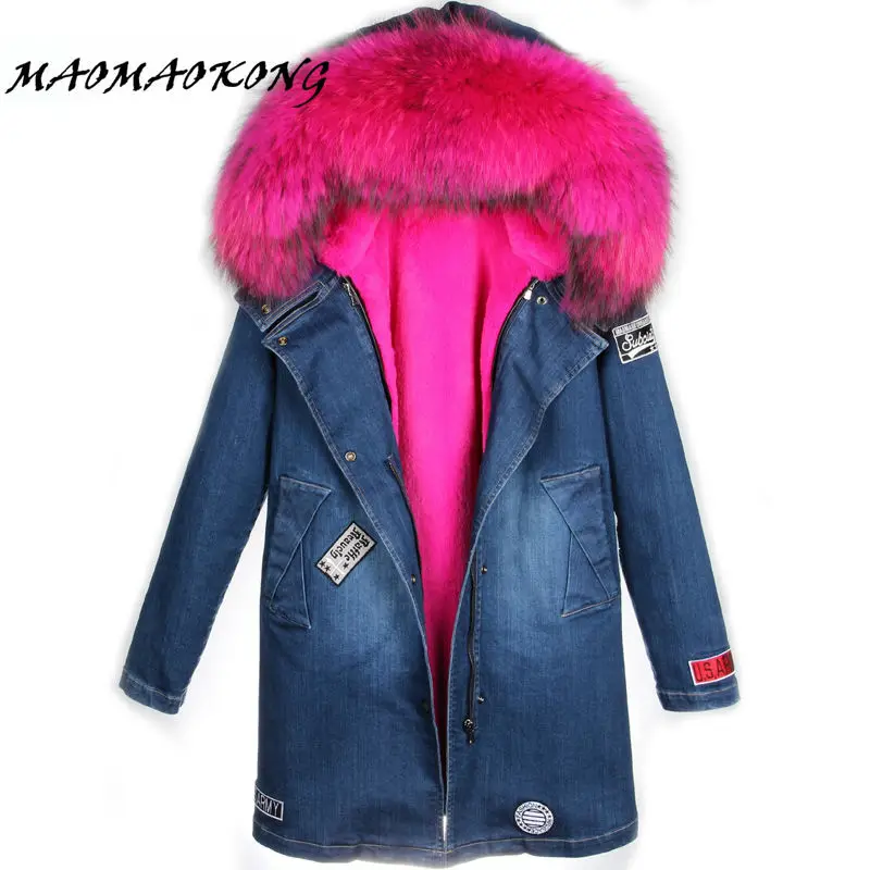 MAOMAOKONG new Cold winter jacket coat women real fur coat big raccoon Fur collar hooded thick warm long denim Parkas