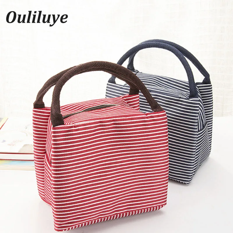 

Ouliluye Furnitur Canvas Striped Lunch Bag Insulated Portable Food Container For Kid Business Practical Insulation Lunch Box Bag