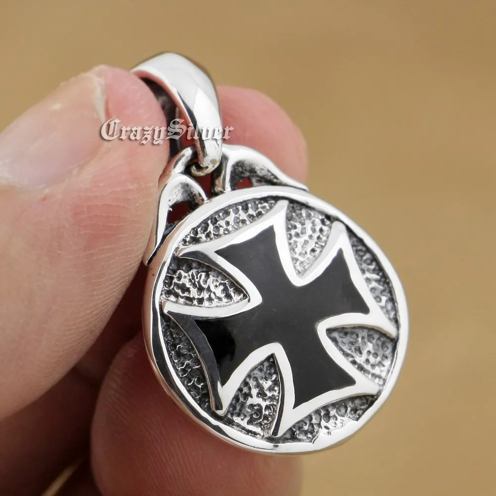 

Round Cross 925 Sterling Silver Mens Biker Rocker Punk Pendant 9V003 (Steel Necklace 26inch)