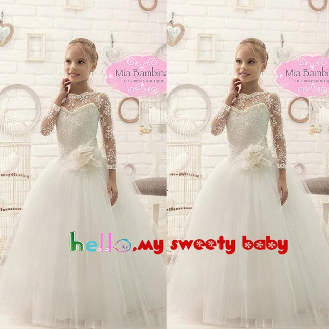 Best price at $113 Cheap Custom Make Cute Little Girls Party Dresses Crew Lace Hand Made Flowers A Line Tulle Floor Length Little Flower Girls Dresses