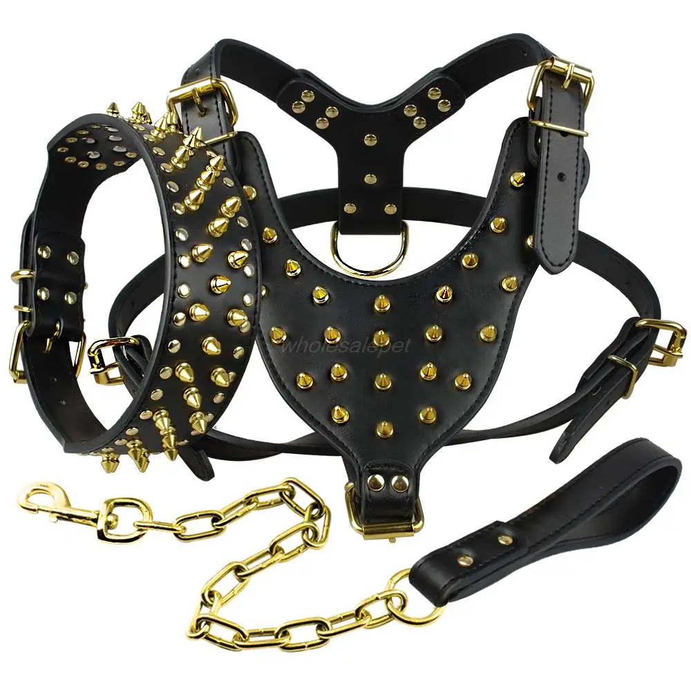 2" Leather Spiked Studded Dog Collar&Chain Leash Lead Set Fit Large Dog Pitbull 