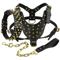 Leather Dog Harness Spiked Studded Dog Pet Collar Harness and Chain Leash Set for Medium Large Xlarge Breeds Pitbull Mastiff