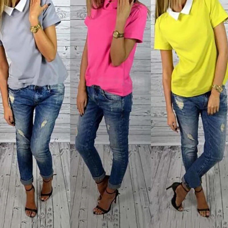 

Hot Short Sleeve Slim Shirt Blouses Doll Collar Tops Pure Color New Korean Women Chiffon