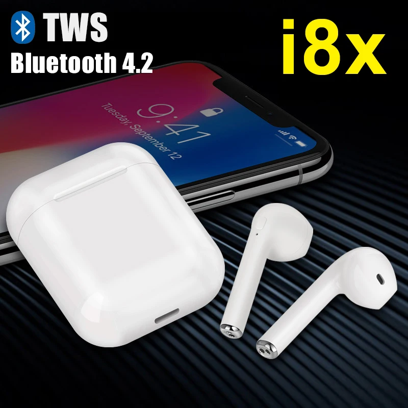 Beste I8x TWS Bluetooth 4.2 Draadloze Koptelefoon Oordopjes Stereo Muziek Mini Dubbele Draagbare Headsets met Mic Charger voor iPhone Android