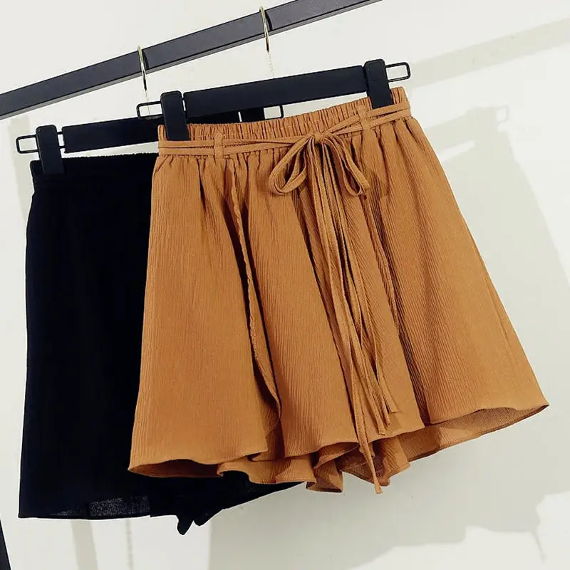 

Summer Womens Shorts Elastic Waist Lace Up Beach Chiffon Shorts Skirts Women Plus Size 3XL Loose Hot Wide Leg Boho Shorts C4450