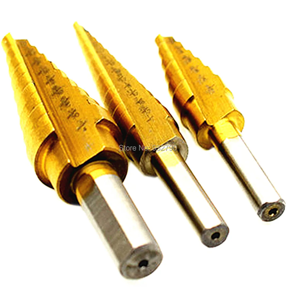 

3pcs Titanium Coated Step Drill Bit Set 3/16"-1/2" 1/8"-1/2" 1/4"-3/4" for Steel Sheet Metal Wood Insulation Boards Pvc Sheets