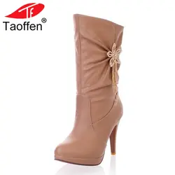 Taoffen/женские ботинки на высоком каблуке украшенные цветами на платформе теплая обувь На зимнем меху Модные полусапожки женская обувь