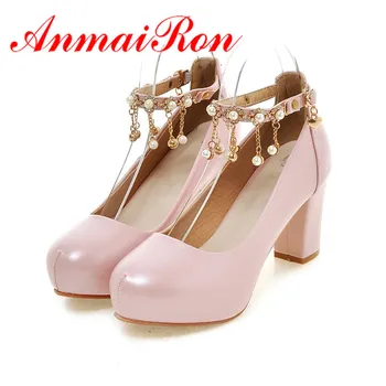 

ANMAIRON New Spring/Autumn High Heels Fashion Pumps Shoes Woman Blue Colors Pink Buckle-strap Shoes Round Toe Party Women Pumps