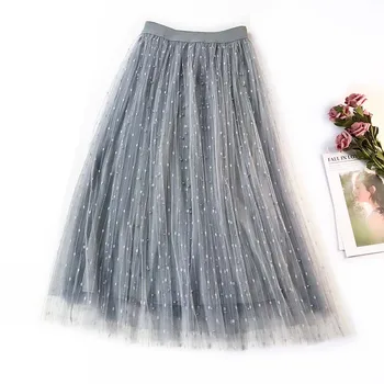 

Summer Tulle Skirt Women 2020 New Casual Polka Dot Beading Tutu Skirt Female High Waist Mesh Midi Skirts Jupe Longue Femme