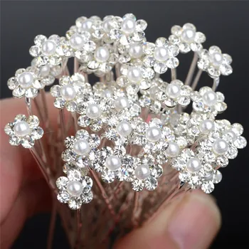 

PINKSEE 40Pcs White Color Crystal Rhinestone Flowers U Shaped Bridal Hair Pins Elegant Headdress Wedding Jewelry