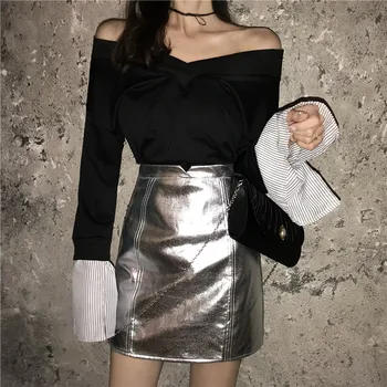 

Autumn Women's Suit Loose V-collar Long-sleeved Guard, High-waist Bright-faced Skirt, Half-length Skirt, Fashion Two-piece Suit