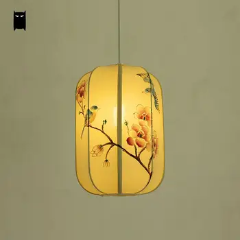 

Hand Painted Customized Iron Fabric Lantern Shade Pendant Light Fixture Cord Chinse Style Art Deco Hanging Ceiling Lamp Tea Room