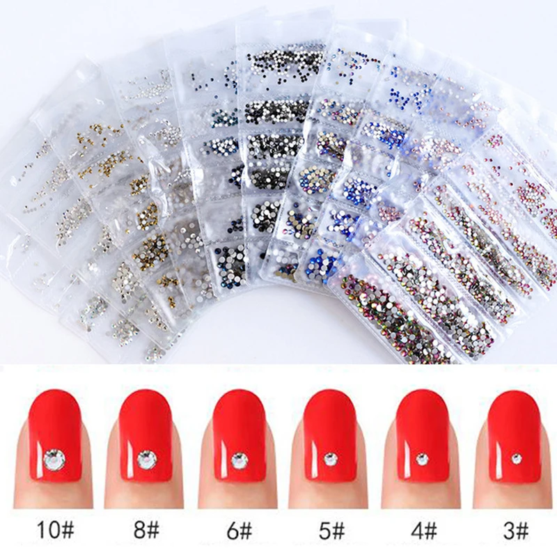 2018/10 Pack Mixed Size Glass Nail Art Decoration Stone Non-Hot Fix Flat Shiny Plastic 3D Nail Rhinestone Jewelry A0097XX