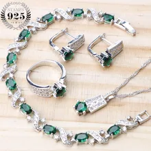 925 пробы серебряная бижутерия наборы для свадьбы для женщин зеленый CZ серьги браслет ожерелье кулон кольца свадебный набор подарочная коробка