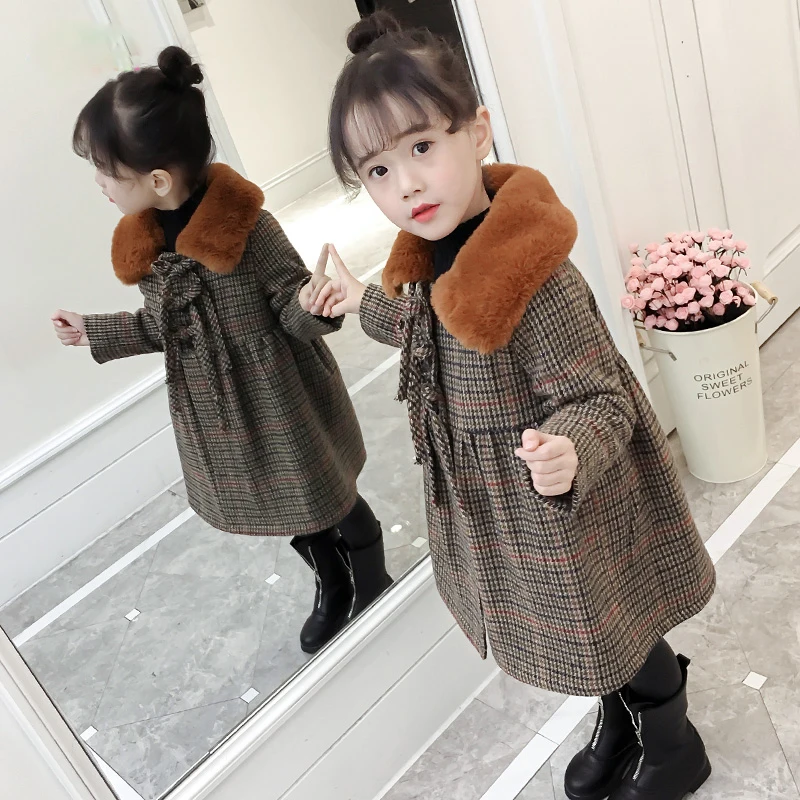 

Korean Kids Girl Outwear Coat Winter Jackets Warm Plaid Children Jacket for Girl Clothing Fashion Girl's Coats Big Fur D211