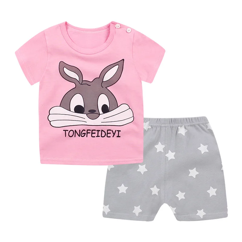 

Pink Rabbit Cartoon Pattern Baby Boy Summer Clothing Sets Baby Girl Fahsion Summer Short Sleeves+Shorts