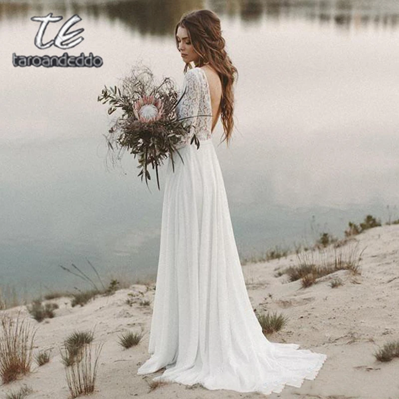 

Beach A Line Wedding Dresses V Neck Long Sleeves Deep Illusion V Back White/Ivory Lace Chiffon Bridal Gown Vestido De Novia 2019