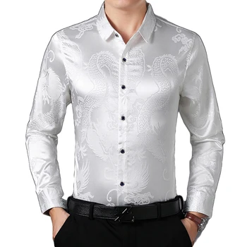 

Chinese Dragon Printed Silk Shirt Men 2019 Brand New Slim Fit Long Sleeve Mens Dress Shirts Casual Button Down Chemise Homme 4XL