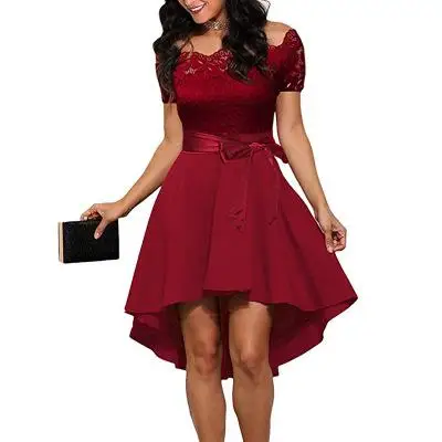 Элегантное Красное Кружевное платье для женщин в стиле пэчворк с вырезом лодочкой и коротким рукавом с поясом, платье-туника, летнее сексуальное вечернее платье для девушек - Цвет: Красный