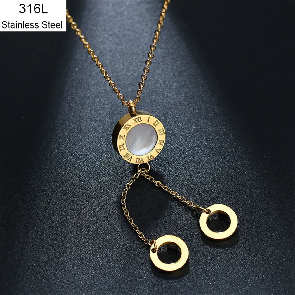 

New A Circle Crystal Roman Numerals Double Pendants Woman Necklace Female Titanium Steel Gold Clavicle Necklace Pendant Jewelry