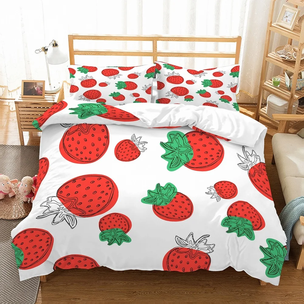Summber Berry Duvet Cover Set Red Green Strawberries White Bedding
