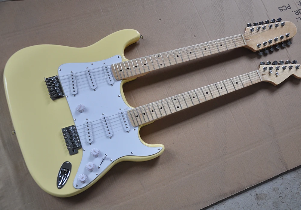 

Wholesale Custom 12 Strings+6 Strings Light Yellow Double Neck Electric Guitar with Maple Fretboard,White Pickguard,3S Pickup,