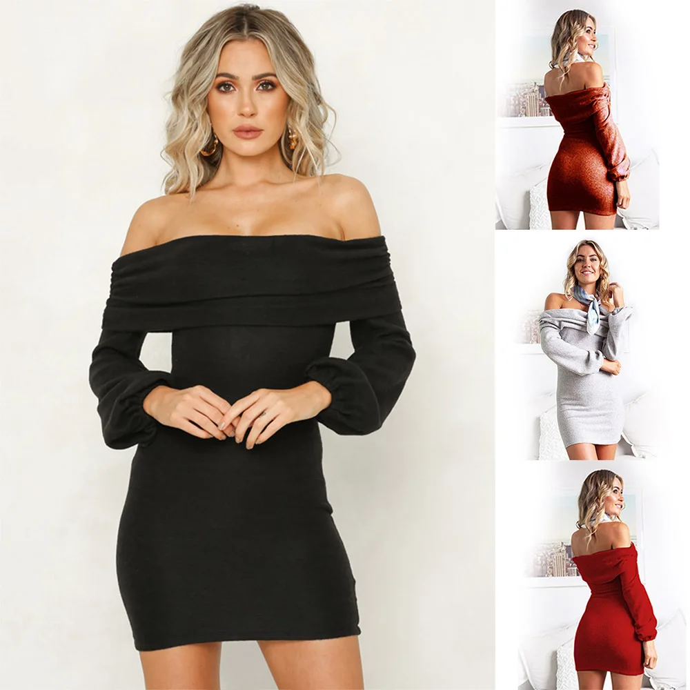 

2019 New Arrival Winter Ladies Dress Knit Sweater Long Sleeve Sexy Dress with Sashes Sexy Off-shoulder Vintage Sleeve