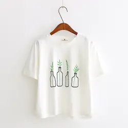 Для женщин футболки 2018 Лето корейский стиль Для женщин Футболка Harajuku бутылку растений узор Kawaii вышивка хлопковая футболка милый топ