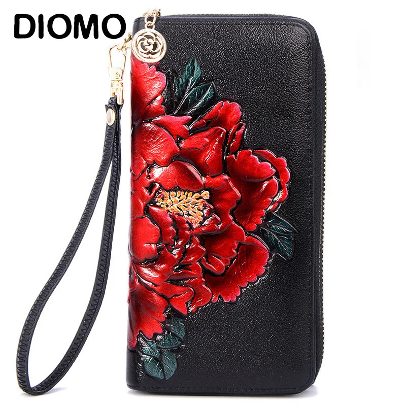 

DIOMO Wristlet Designer Luxury Genuine Leather Wallet for Women Card Holders Clutch Flowers Cell Phone Bag Girl's Slim Wallet