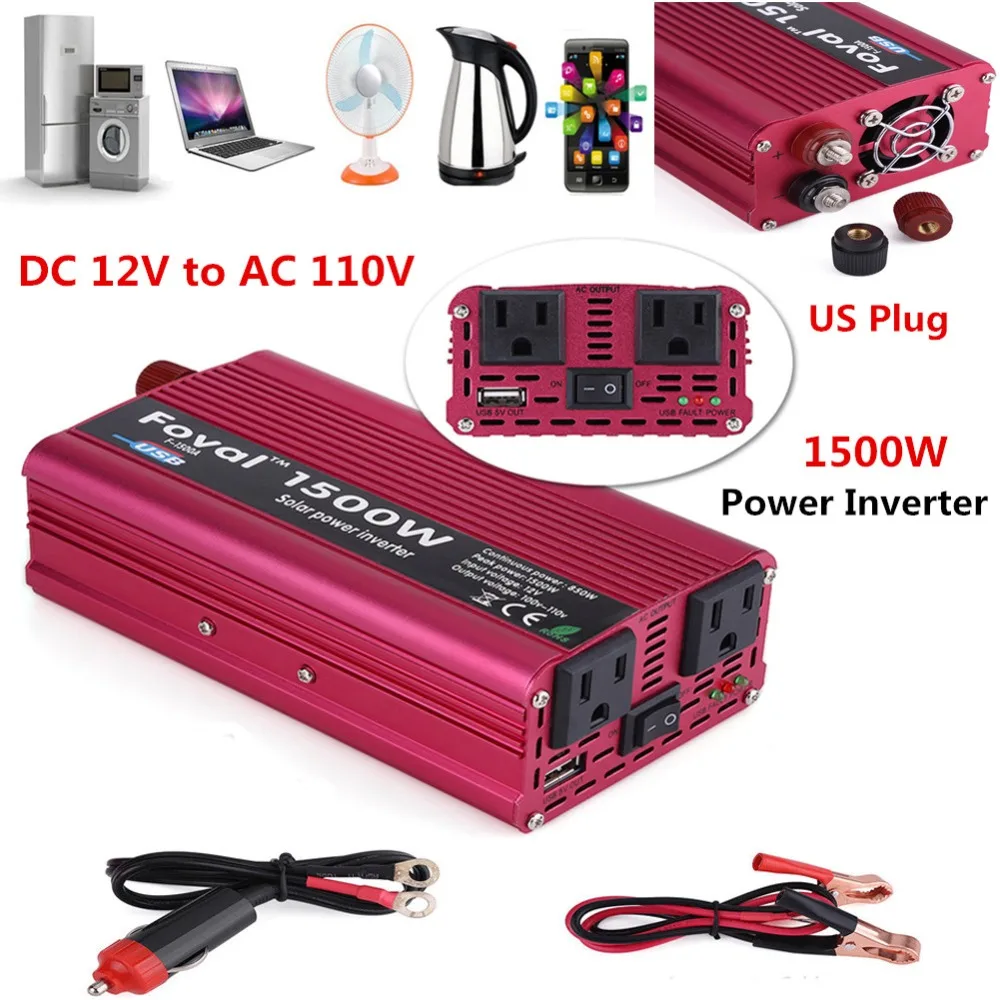 Foval 1500W power inverter 12v 110v 1500W inverter 3.1A USB Car Adapter