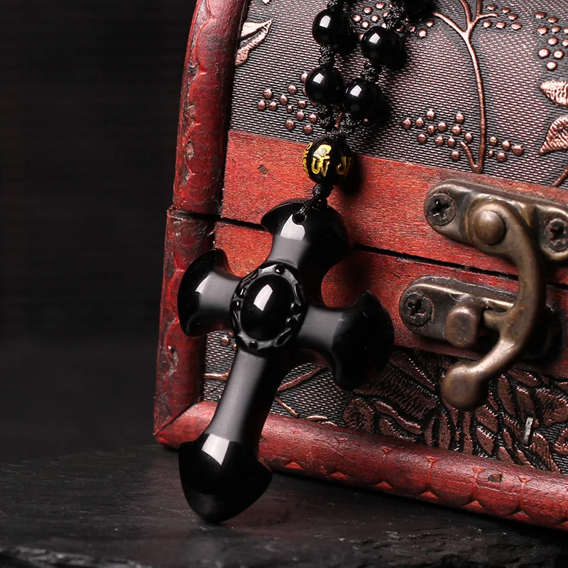 Прямая натуральный черный обсидиан резной крест счастливый кулон бусы ожерелье для женщины мужчины ручной резной подвески ювелирные изделия
