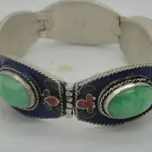 Китайский винтажный ручной работы тибетский Тибет-Серебряный декор зеленый браслет с нефритом И эмалиевыми перегородками