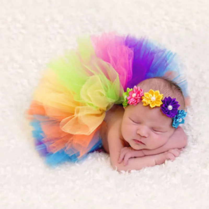 Colorful Rainbow Colors Cute New Born Costume Outfit Newborn Baby Photography Props Sweet Photo Props Skirt Flower Headband Colorful Rainbow Colors Cute New Born Costume Outfit Newborn Baby Photography Props Sweet Photo Props Skirt Flower Headband
