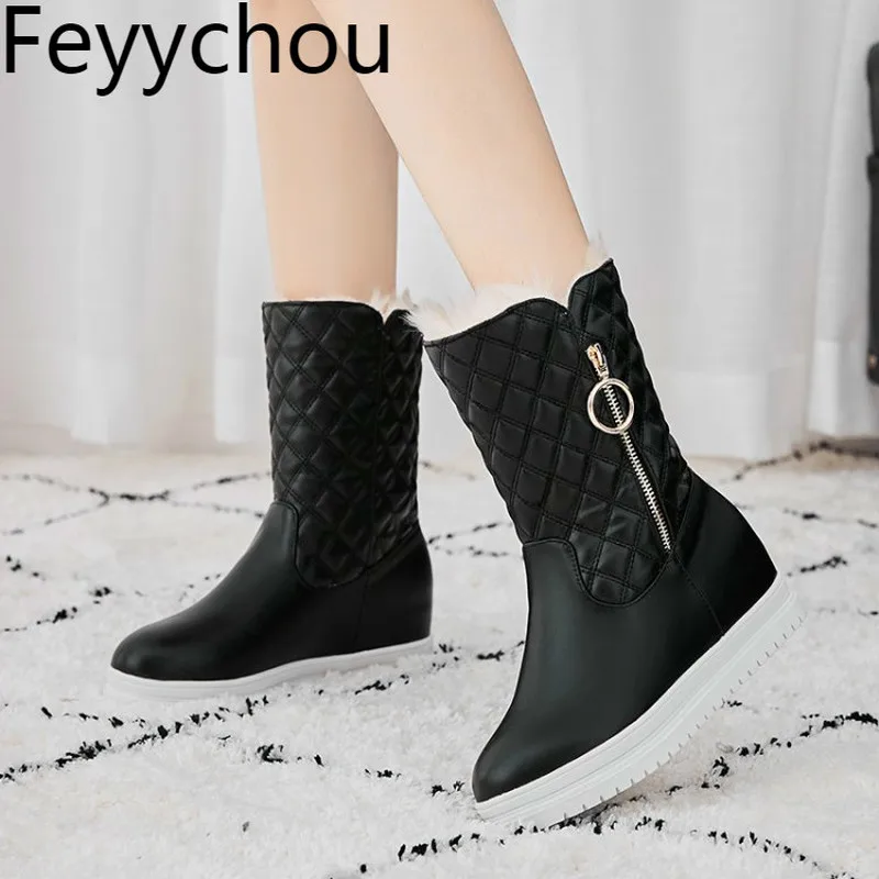 

Women Boots Autumn Winter Warm Round Toe Med Heel 2018 New Sexy Fashion Pu Mid-calf Motorcycle Snow Boots Black Beige White